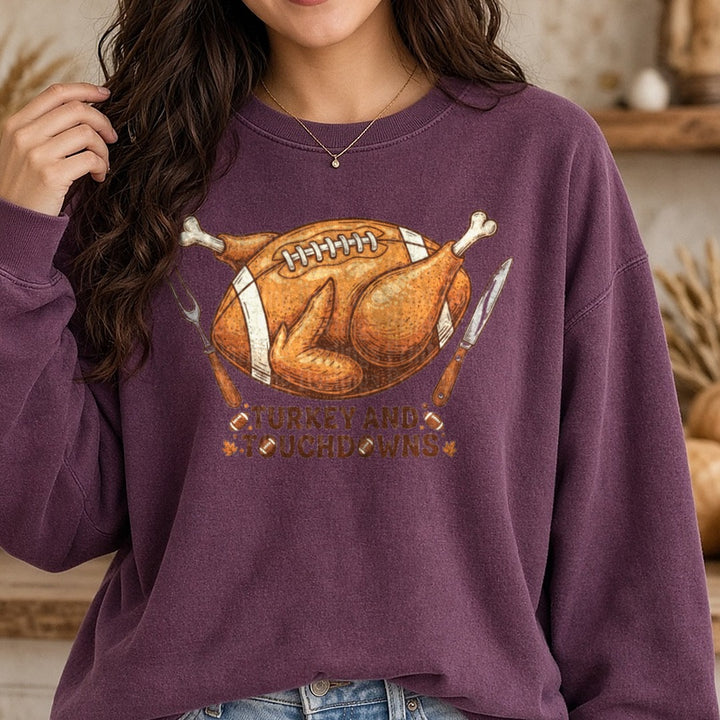 Turkey and Touchdowns DTF transfer shown on a Comfort Colors sweatshirt