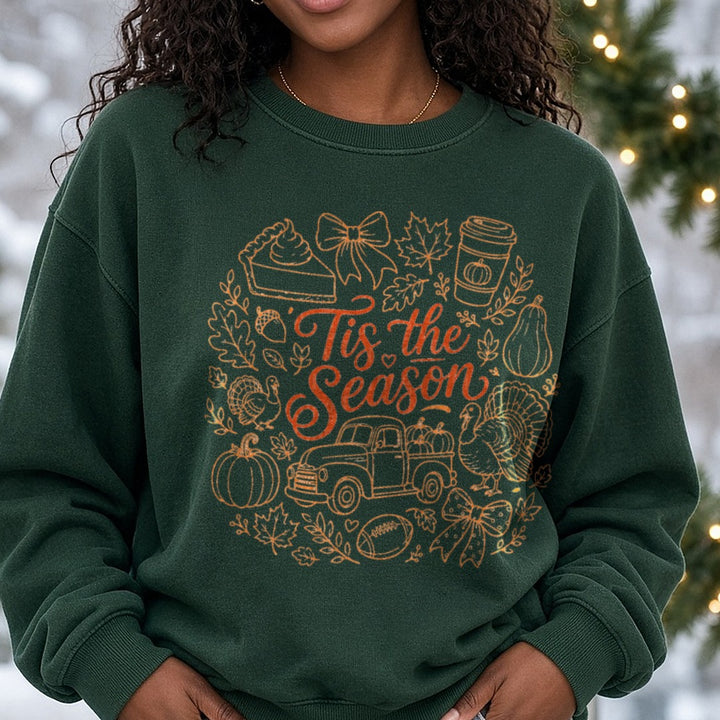 Tis The Season Orange Line Art Fall Truck Turkey DTF transfer shown on a Comfort Colors sweatshirt