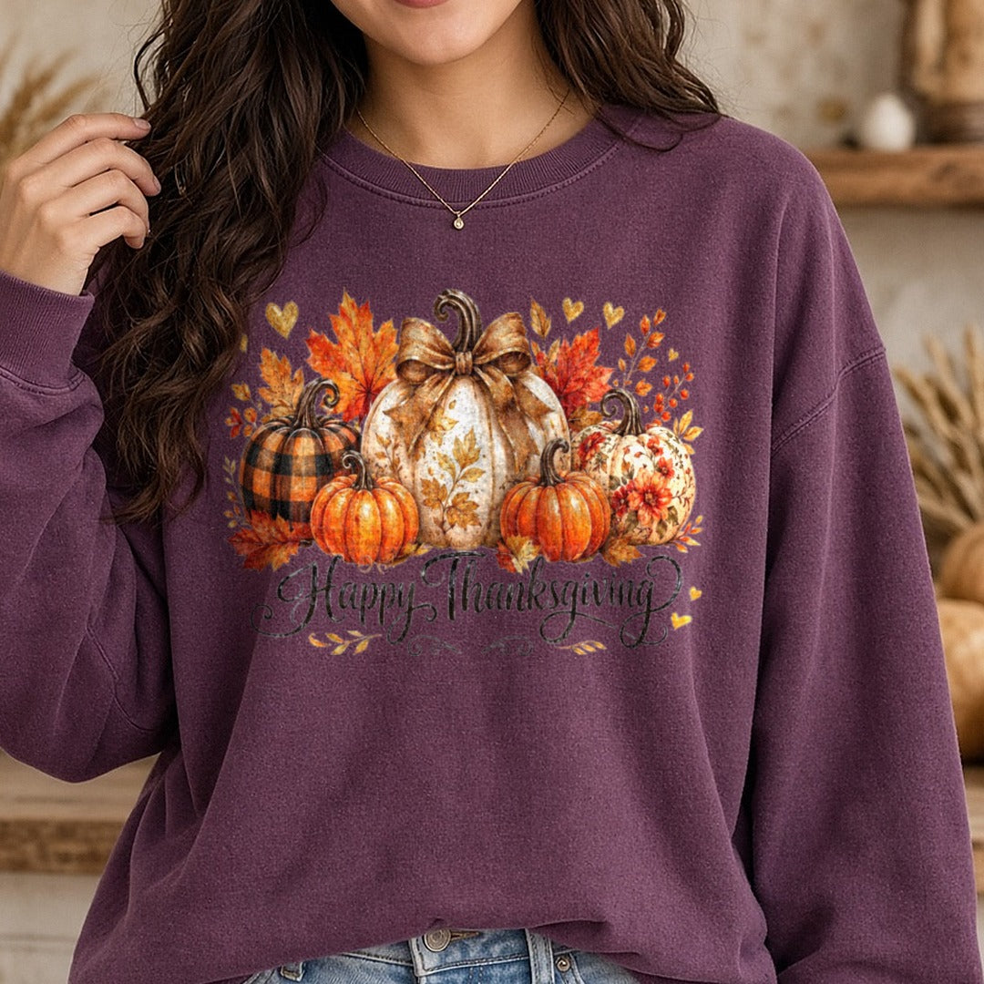 Happy Thanksgiving Pumpkin DTF transfer shown on a Comfort Colors sweatshirt