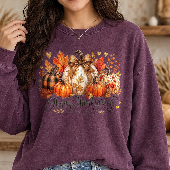 Happy Thanksgiving Pumpkin DTF transfer shown on a Comfort Colors sweatshirt