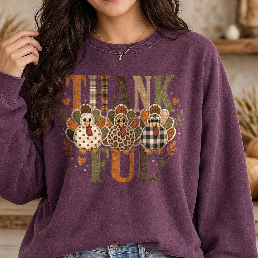 Thankful Turkeys DTF transfer shown on a Comfort Colors sweatshirt