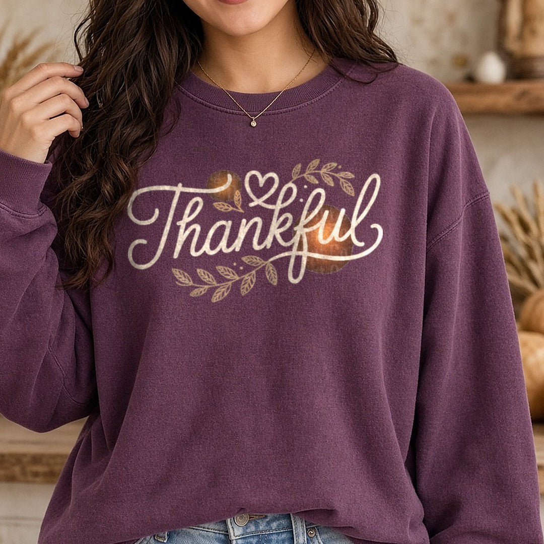 Thankful vine DTF transfer shown on a Comfort Colors sweatshirt