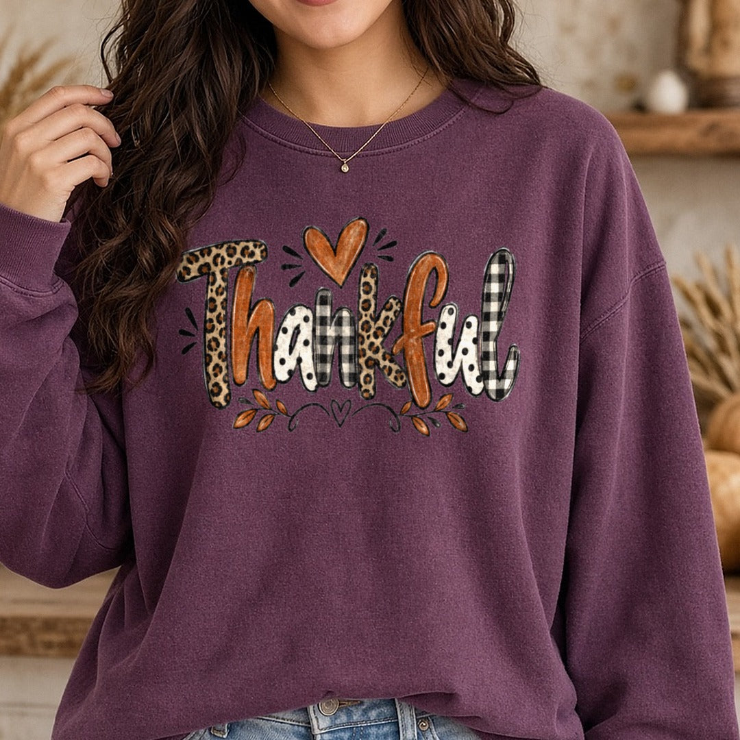 Thankful leopard DTF transfer shown on a Comfort Colors sweatshirt