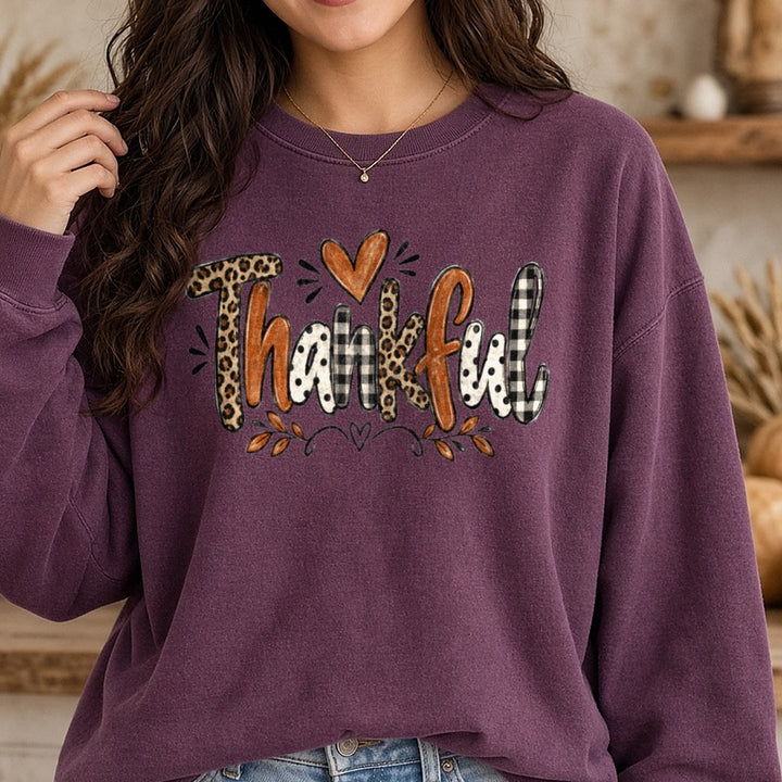 Thankful leopard DTF transfer shown on a Comfort Colors sweatshirt