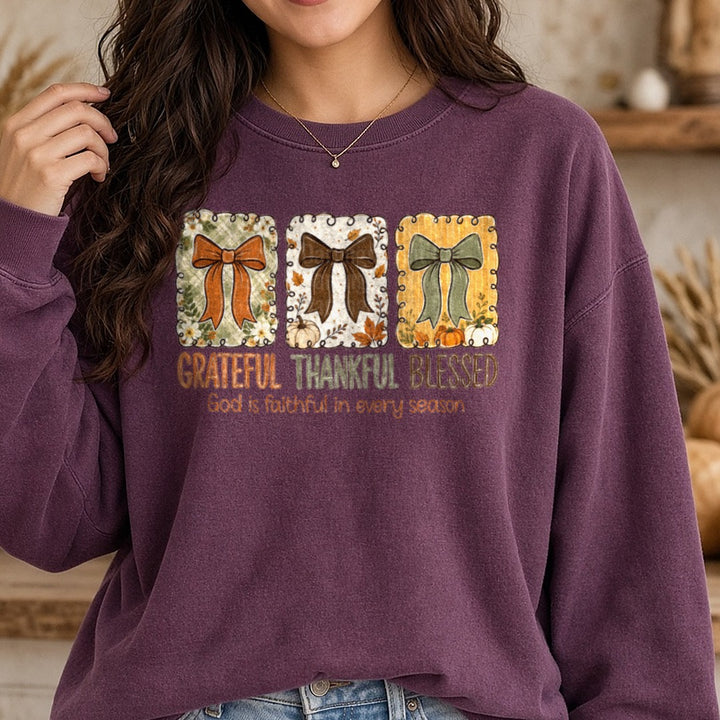 Thankful Coquette DTF transfer shown on a Comfort Colors sweatshirt