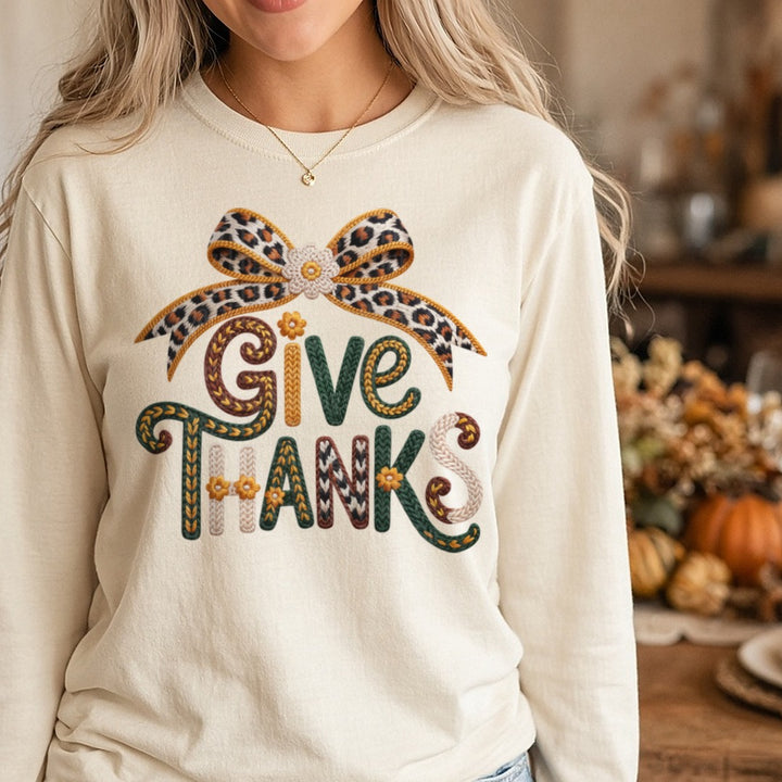 Give Thanks Faux Yarn DTF transfer shown on a Comfort Colors long sleeve tee