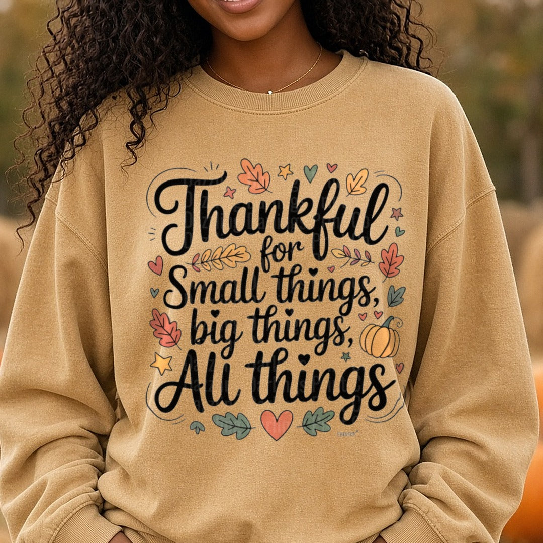 Thankful For Small Things DTF transfer shown on a Comfort Colors sweatshirt