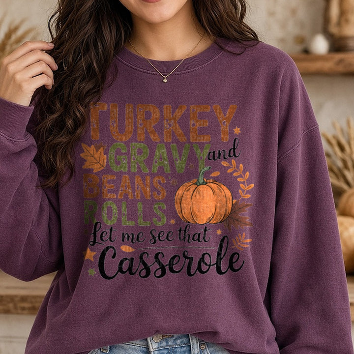 Turkey Gravy Beans DTF transfer shown on a Comfort Colors sweatshirt