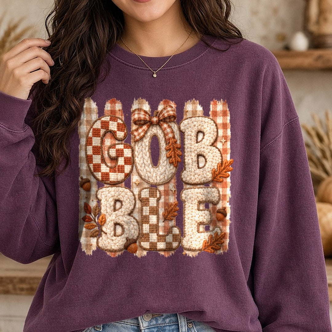 Gobble faux yarn DTF transfer shown on a Comfort Colors sweatshirt