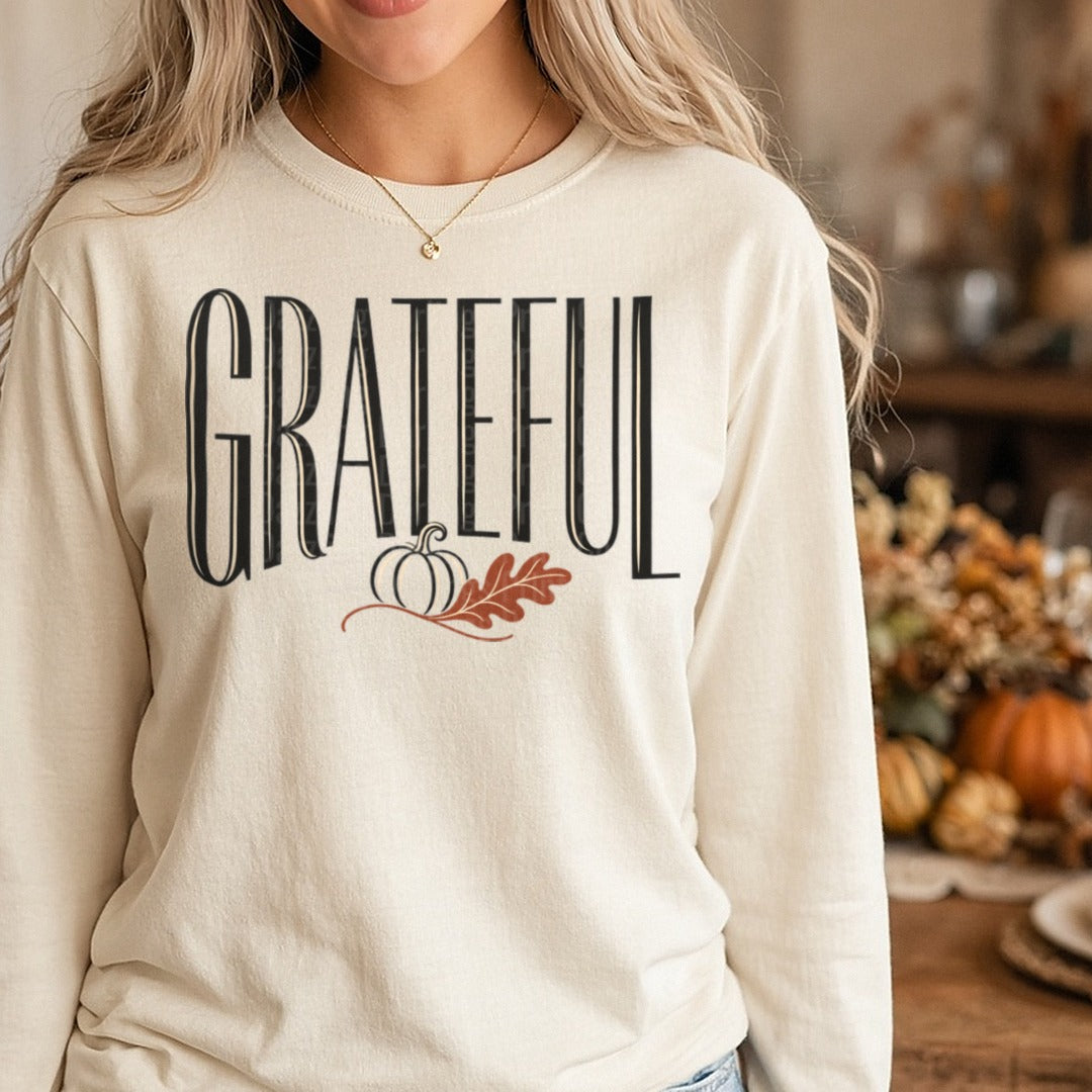 Grateful mini Pumpkin DTF transfer shown on a Comfort Colors long sleeve tee