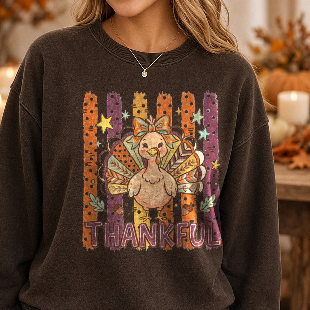 Polkadot Striped Thankful Turkey DTF transfer shown on a Comfort Colors sweatshirt