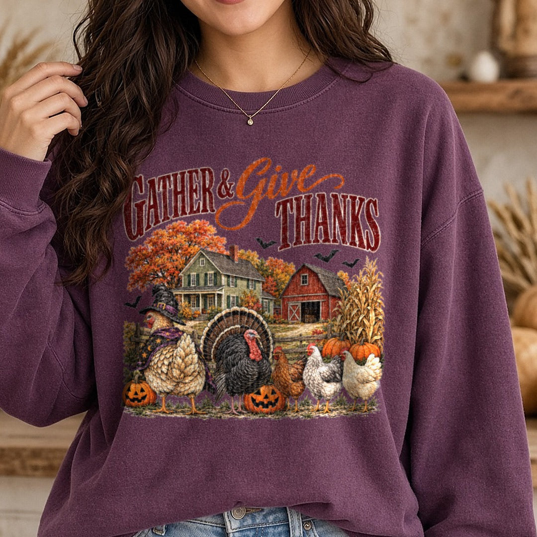 Gather & Give Thanks DTF transfer shown on a Comfort Colors sweatshirt