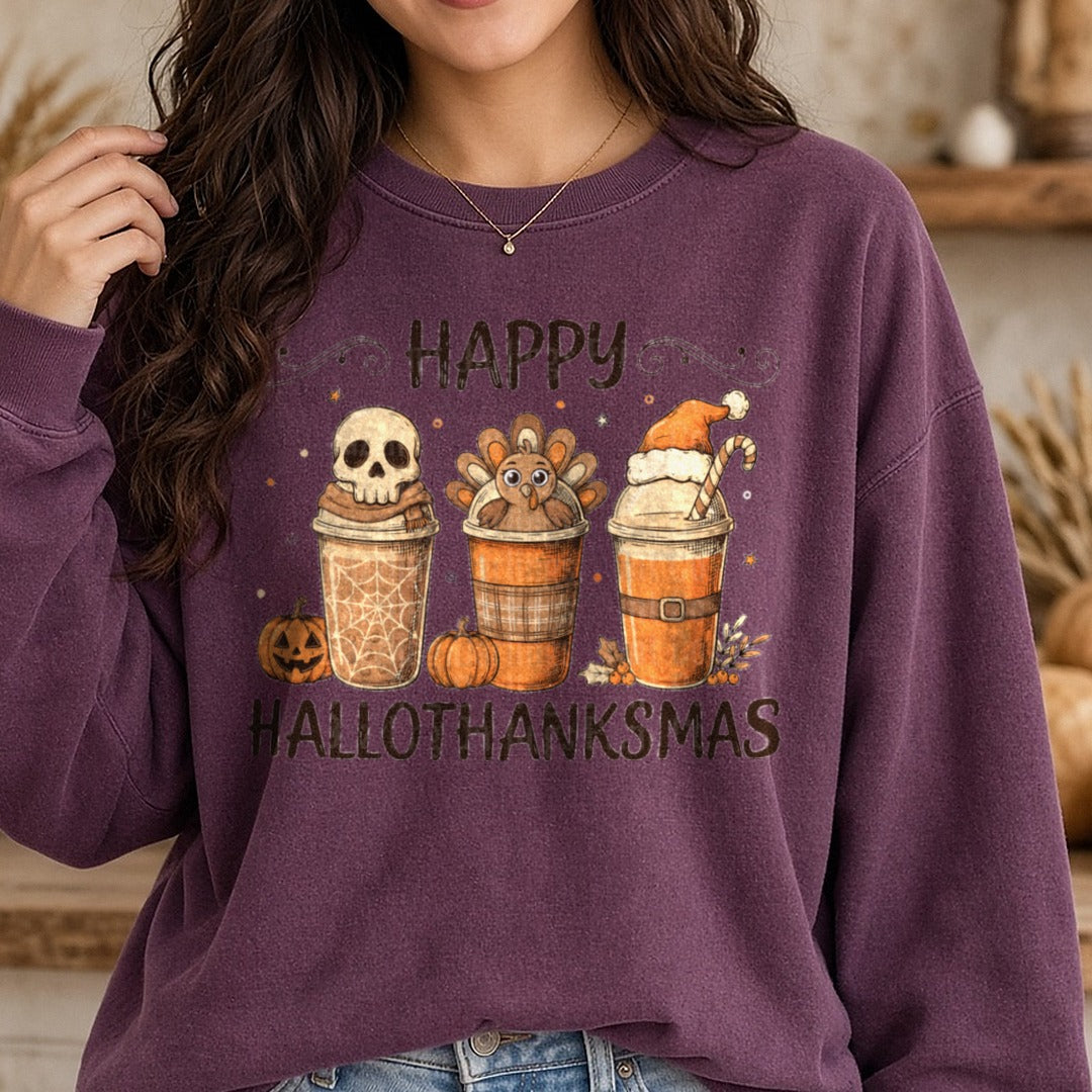 Happy Hallothanksmas DTF transfer shown on a Comfort Colors sweatshirt