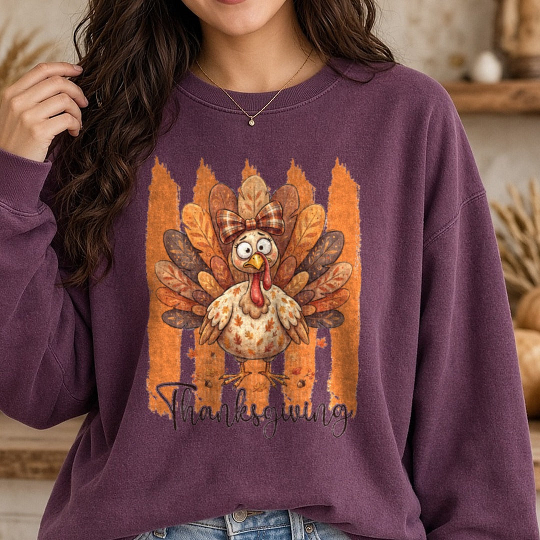 Striped Turkey Thanksgiving DTF transfer shown on a Comfort Colors sweatshirt
