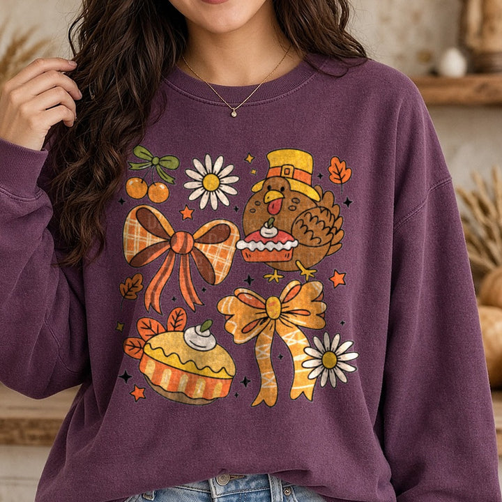 Fall Turkey Thanksgiving Coquette DTF transfer shown on a Comfort Colors sweatshirt