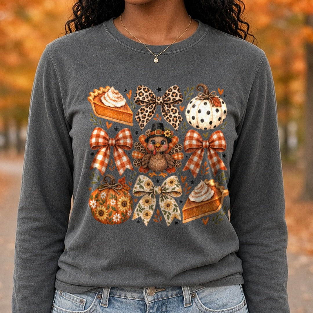 Cartoon Pumpkin, Pie and Bows DTF transfer shown on a Comfort Colors long sleeve tee