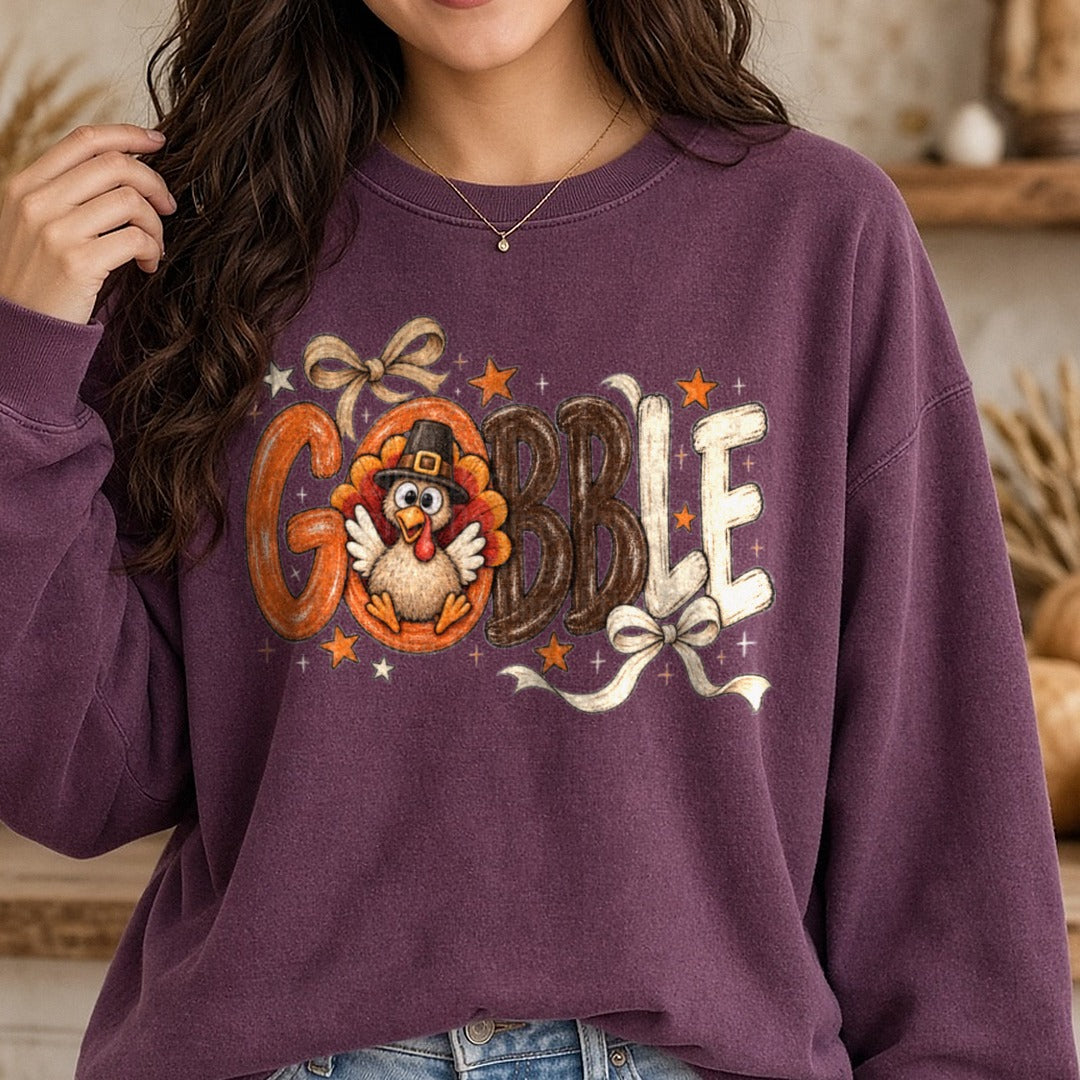 Gobble turkey DTF transfer shown on a Comfort Colors sweatshirt