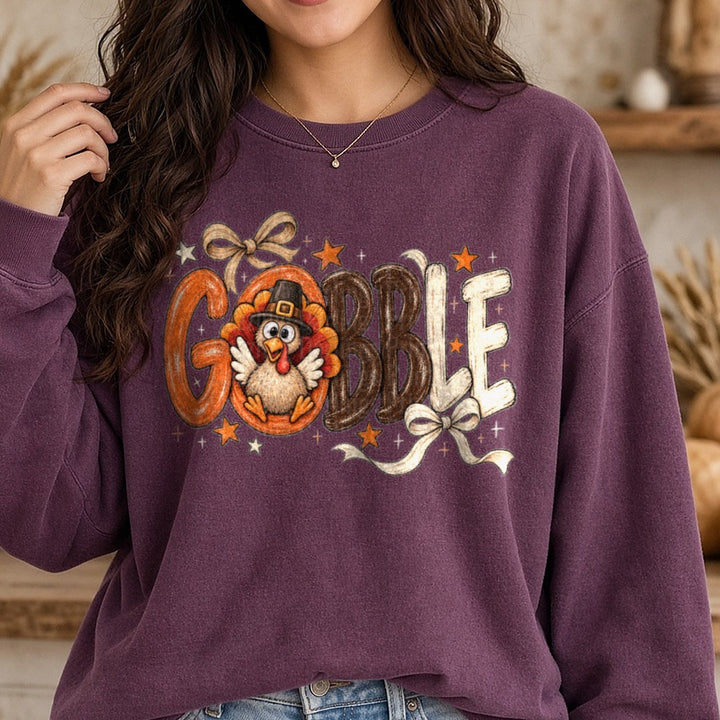 Gobble turkey DTF transfer shown on a Comfort Colors sweatshirt