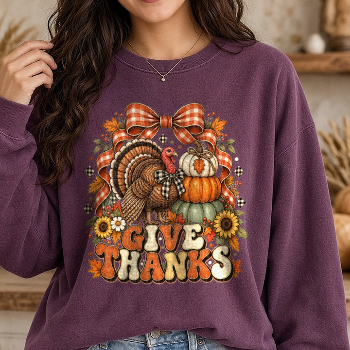 Give Thanks Pumpkin and Turkey DTF transfer shown on a Comfort Colors sweatshirt