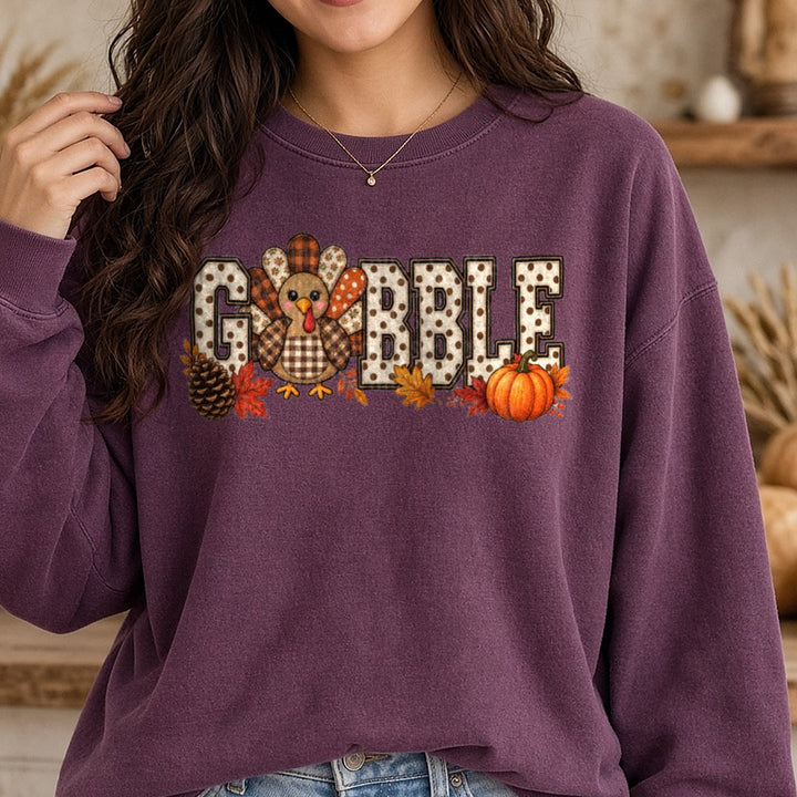 Polkadot Gobble DTF transfer shown on a Comfort Colors sweatshirt