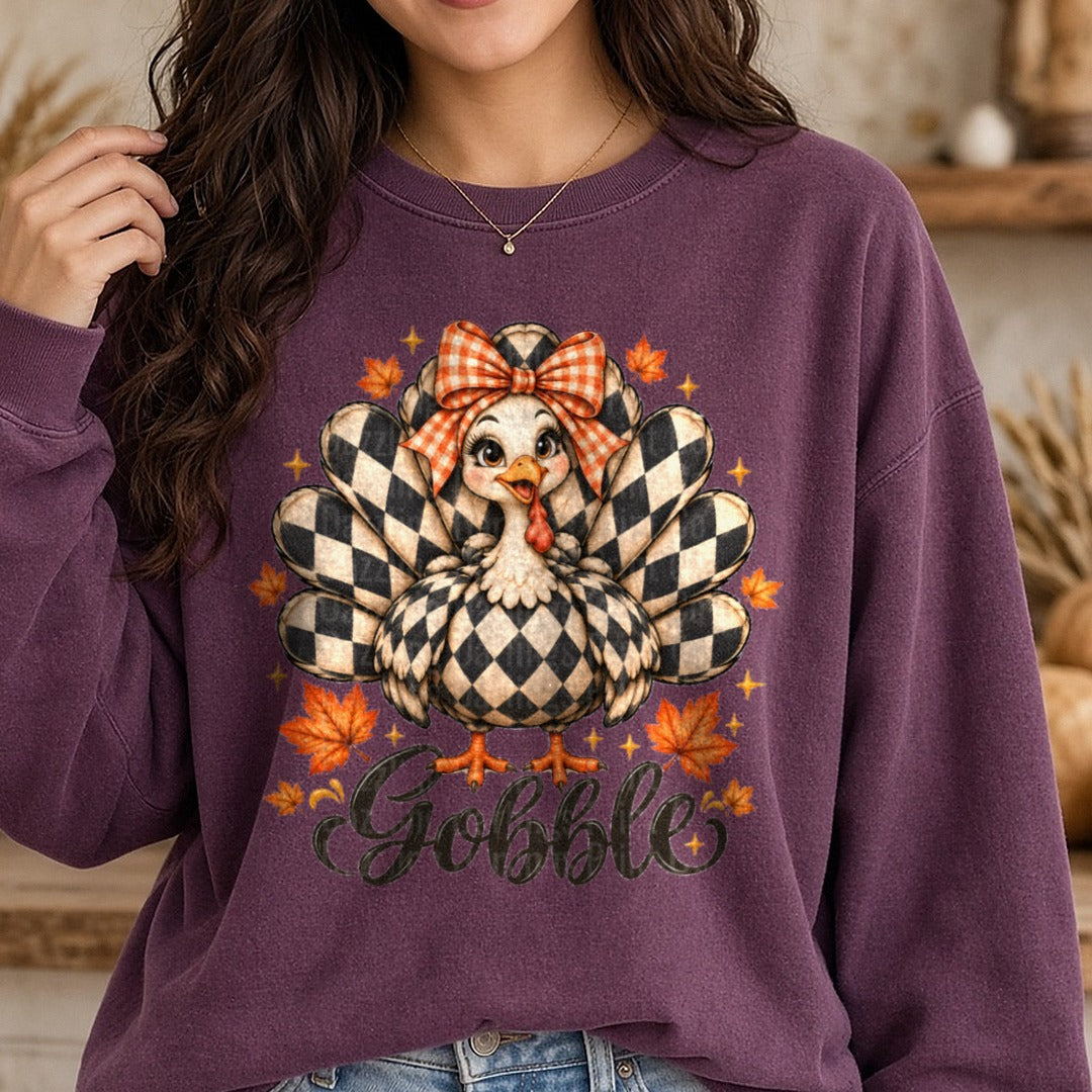 Checkered Turkey Gobble DTF transfer shown on a Comfort Colors sweatshirt