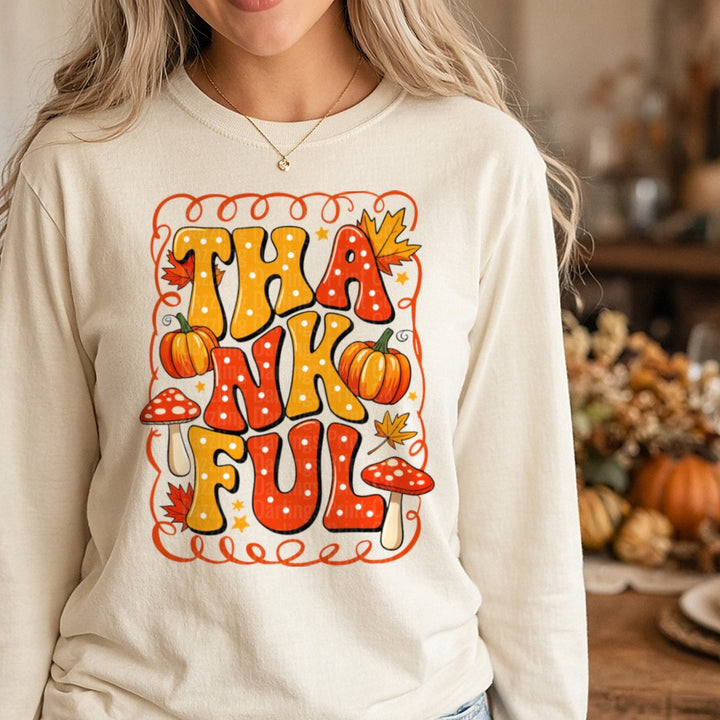 Thankful Mushroom DTF transfer shown on a Comfort Colors long sleeve tee