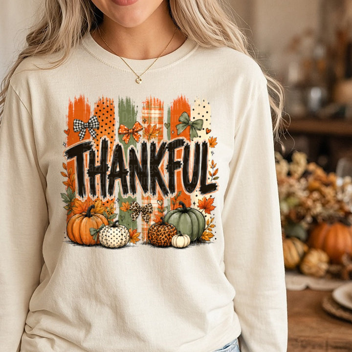 Striped Thankful DTF transfer shown on a Comfort Colors long sleeve tee