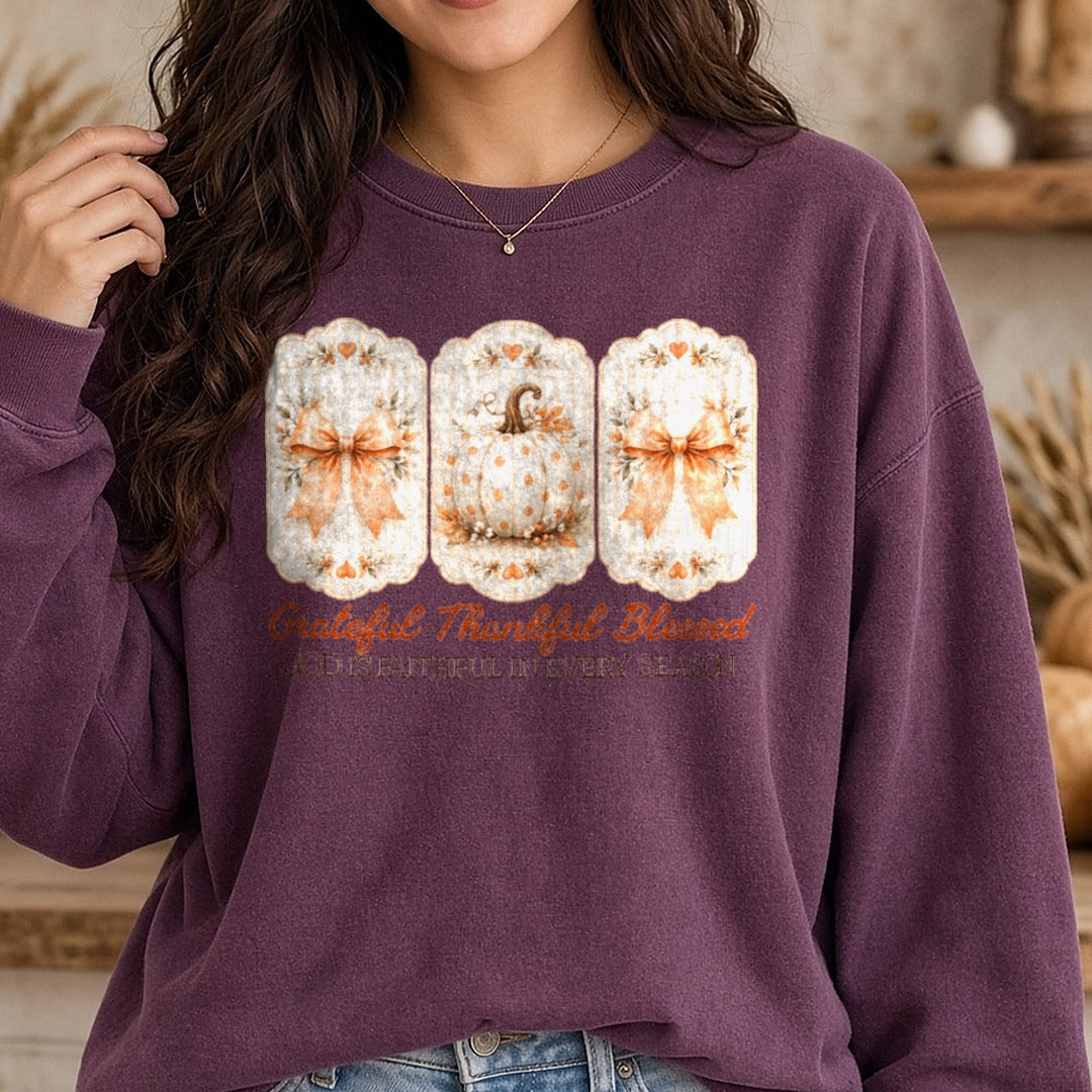 Grateful, Thankful, Blessed Pumpkin DTF transfer shown on a Comfort Colors sweatshirt