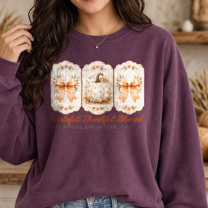 Grateful, Thankful, Blessed Pumpkin DTF transfer shown on a Comfort Colors sweatshirt