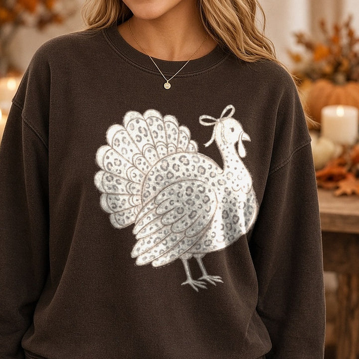 Leopard Turkey DTF transfer shown on a Comfort Colors sweatshirt