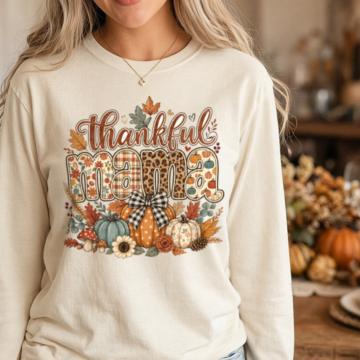 Thankful Mama DTF transfer shown on a Comfort Colors long sleeve tee