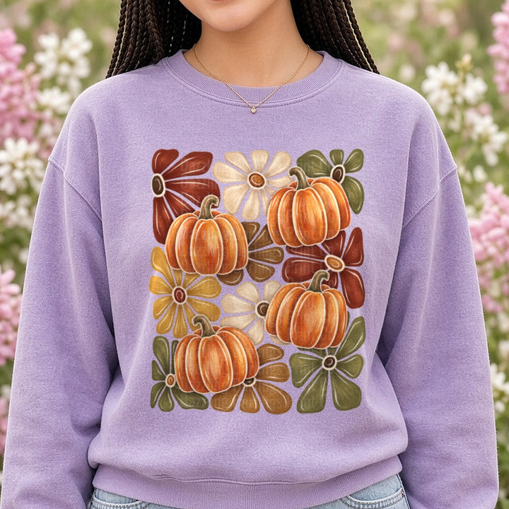 Pumpkin Flowers DTF transfer shown on a Comfort Colors sweatshirt