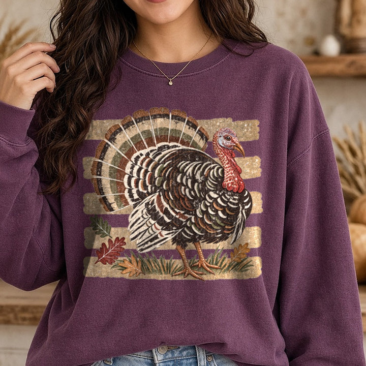Striped Turkey DTF transfer shown on a Comfort Colors sweatshirt