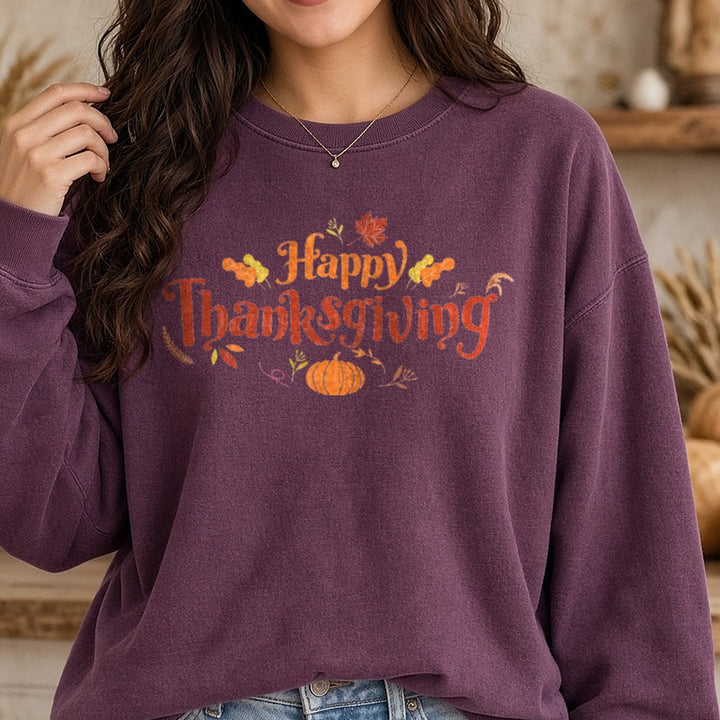 Happy Thanksgiving DTF transfer shown on a Comfort Colors sweatshirt