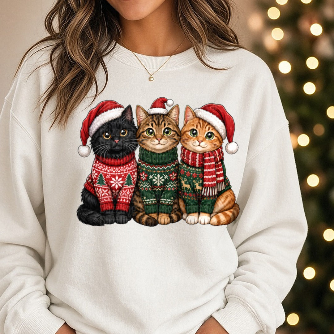Cats Christmas Sweaters DTF transfer shown on a Comfort Colors sweatshirt