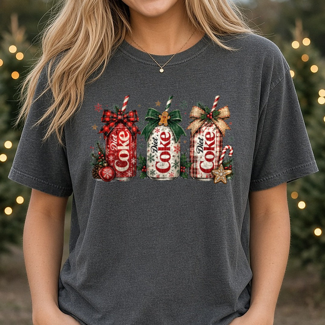 Christmas Soda Can DTF transfer shown on a Comfort Colors tee