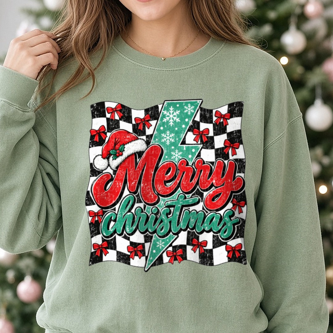 Checkered Merry Christmas DTF transfer shown on a Comfort Colors sweatshirt