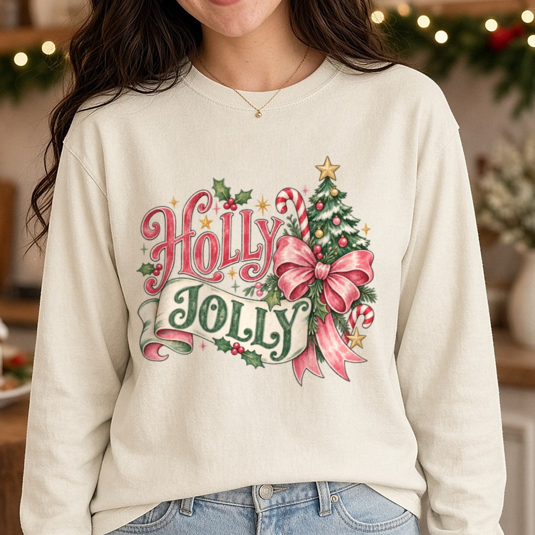 Holly Jolly Pink DTF transfer shown on a Comfort Colors long sleeve tee