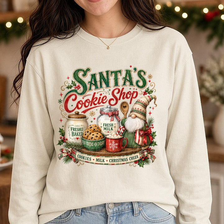 Christmas Santas Cookie Shop DTF transfer shown on a Comfort Colors long sleeve tee