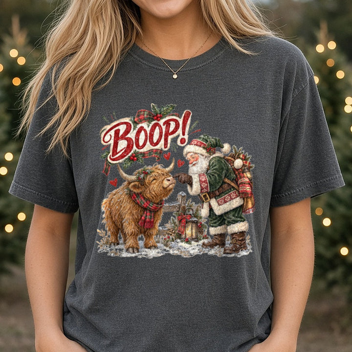 Boop Santa and Highland Cow DTF transfer shown on a Comfort Colors tee