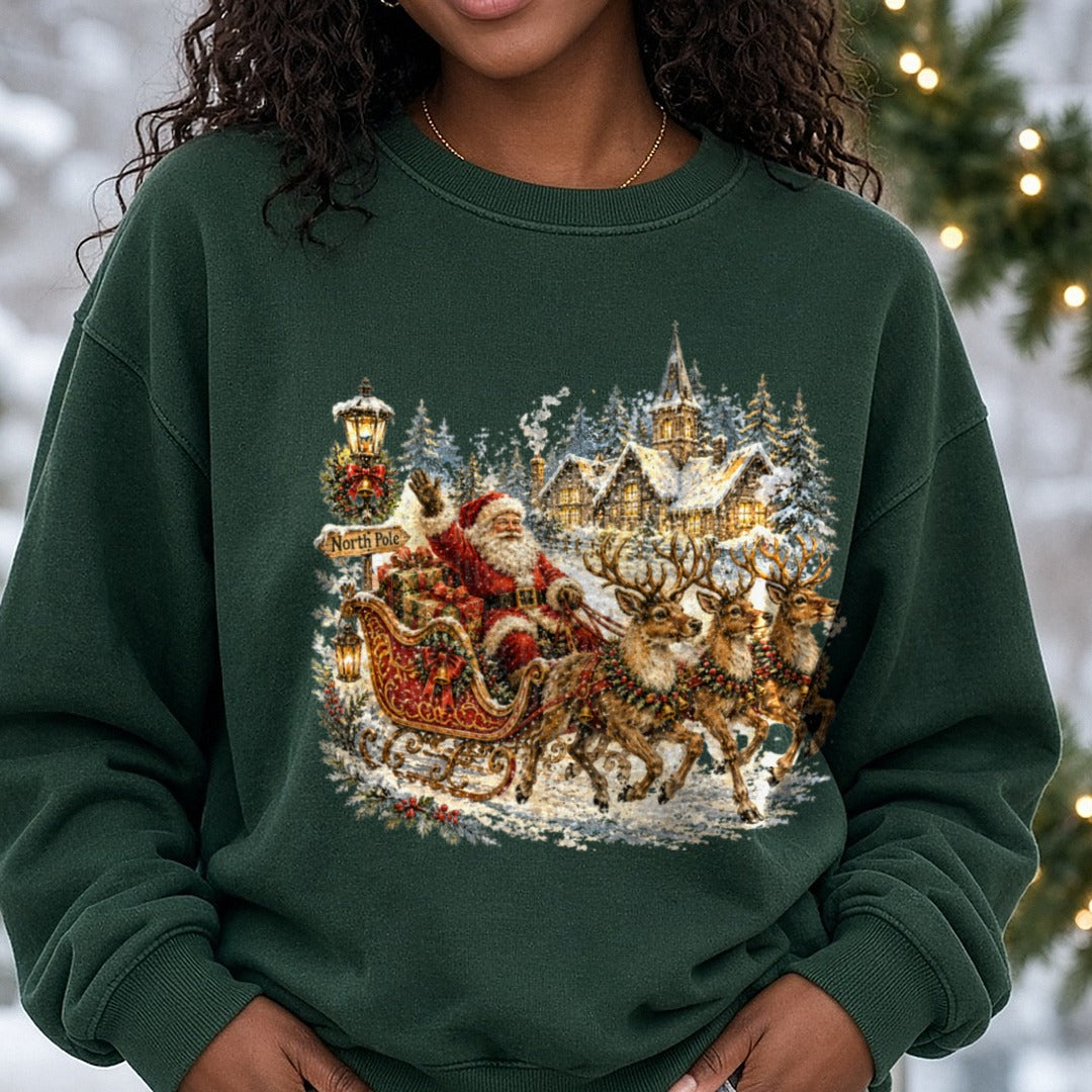 Santa Sleigh DTF transfer shown on a Comfort Colors sweatshirt