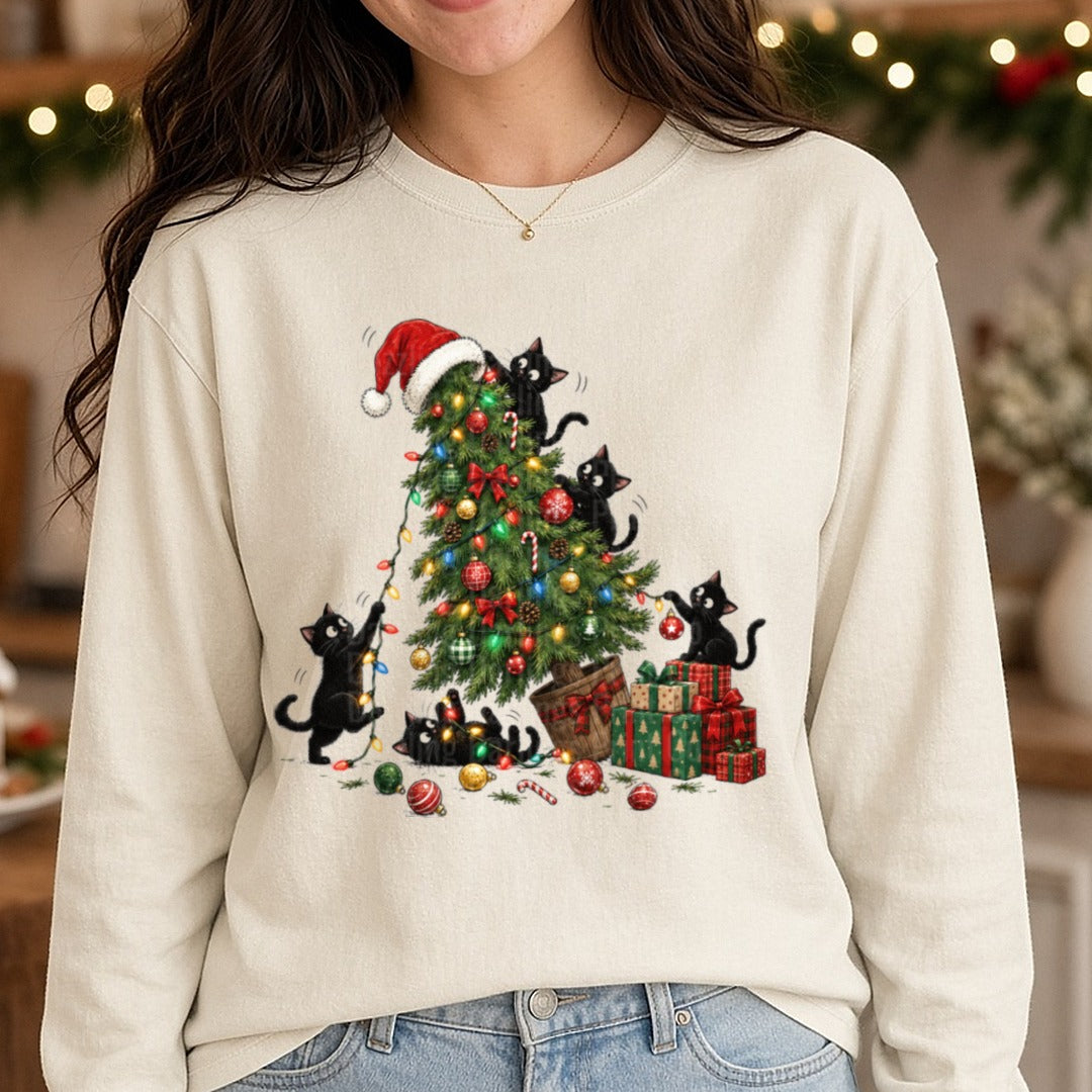 Black Cat Christmas Tree DTF transfer shown on a Comfort Colors long sleeve tee