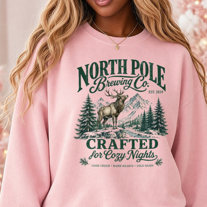 North Pole Brewing Co DTF transfer shown on a Comfort Colors sweatshirt