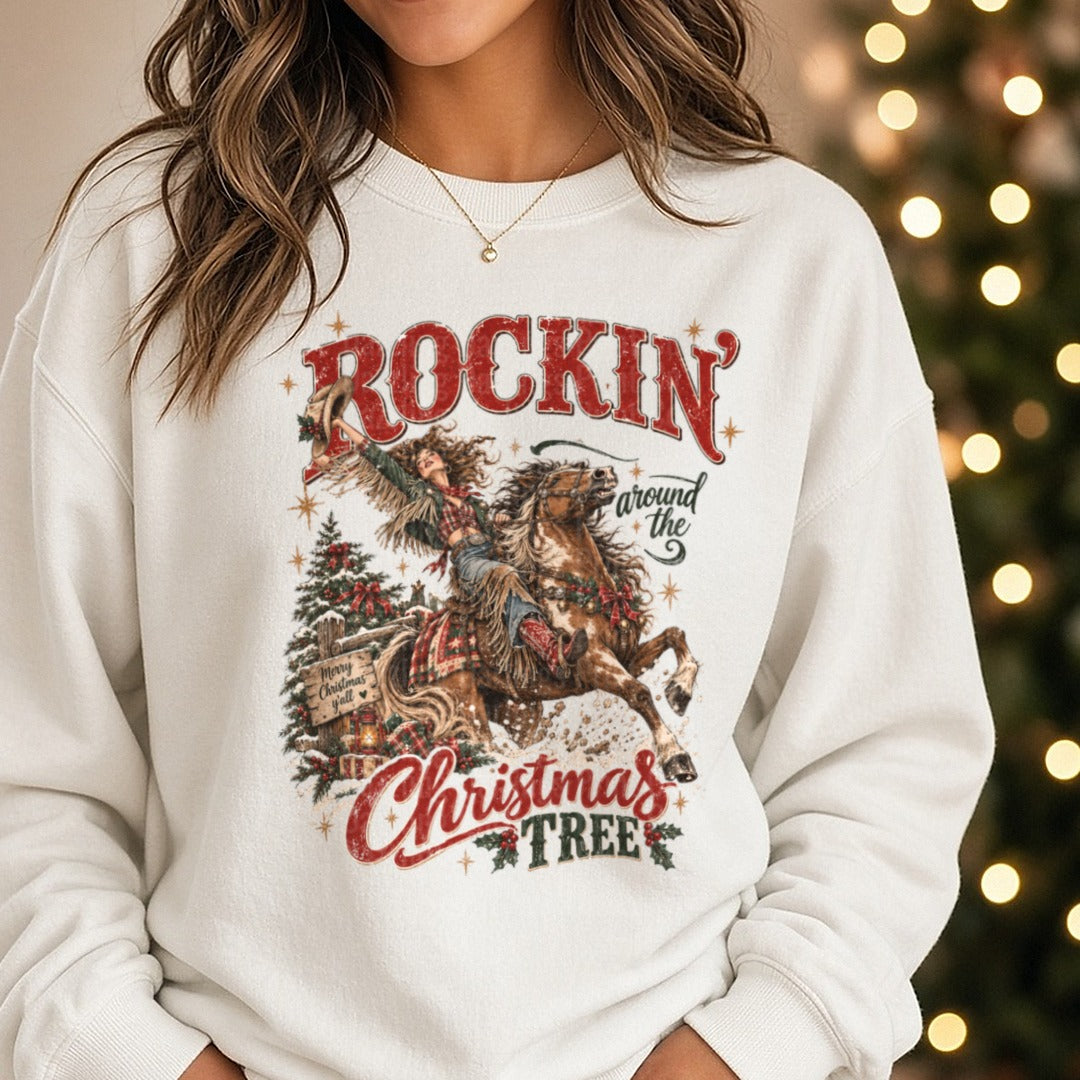 Rockin Around The Christmas Tree DTF transfer shown on a Comfort Colors sweatshirt
