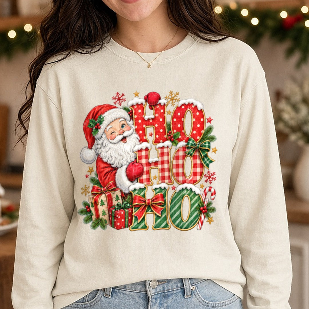 HO HO HO Santa DTF transfer shown on a Comfort Colors long sleeve tee