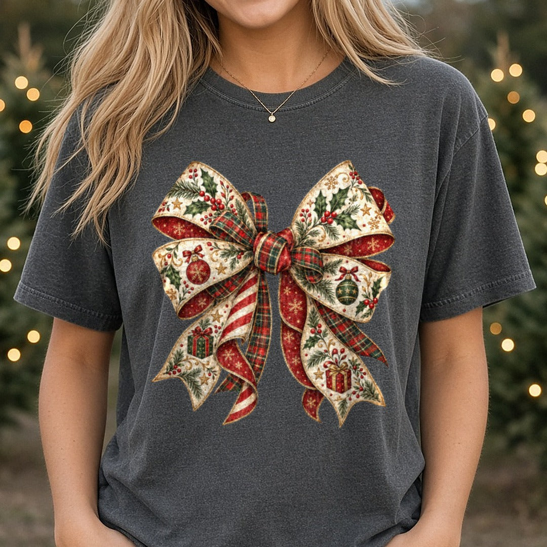 Christmas Bow Vintage Holly Plaid Ribbon Ornaments DTF transfer shown on a Comfort Colors tee