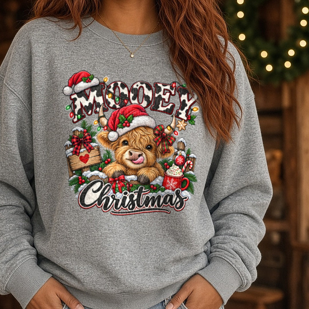 Mooey Christmas DTF transfer shown on a Comfort Colors sweatshirt