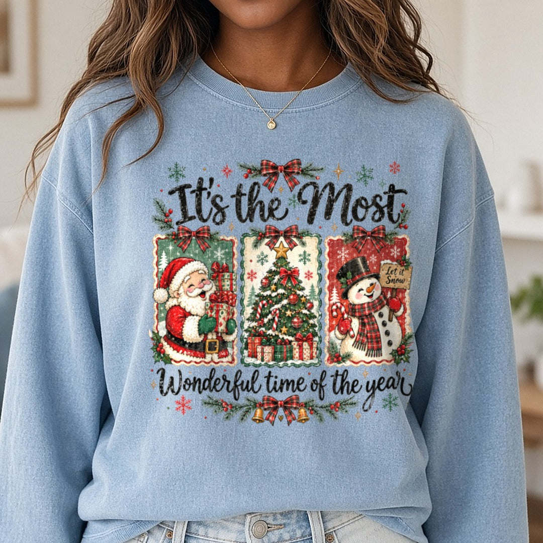 It's The Most Wonderful Time Of The Year DTF transfer shown on a Comfort Colors sweatshirt