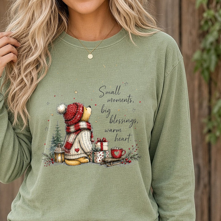 Small Moments, Big Blessings DTF transfer shown on a Comfort Colors long sleeve tee