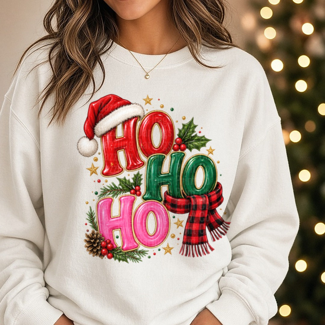 HO HO HO Santa Hat DTF transfer shown on a Comfort Colors sweatshirt